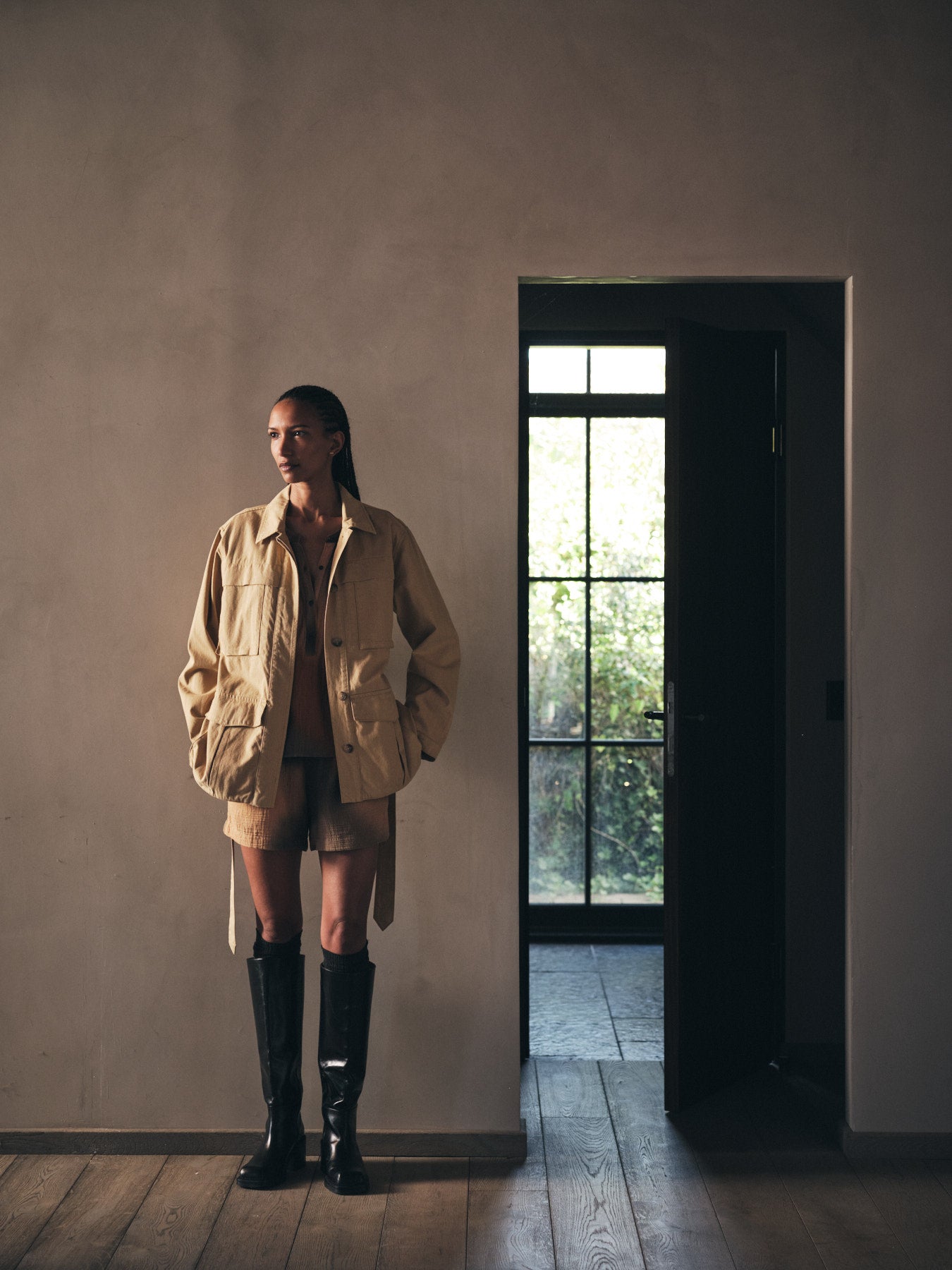 Sienna - Texture canvas belted jacket I Sand 5 - Rabens Saloner