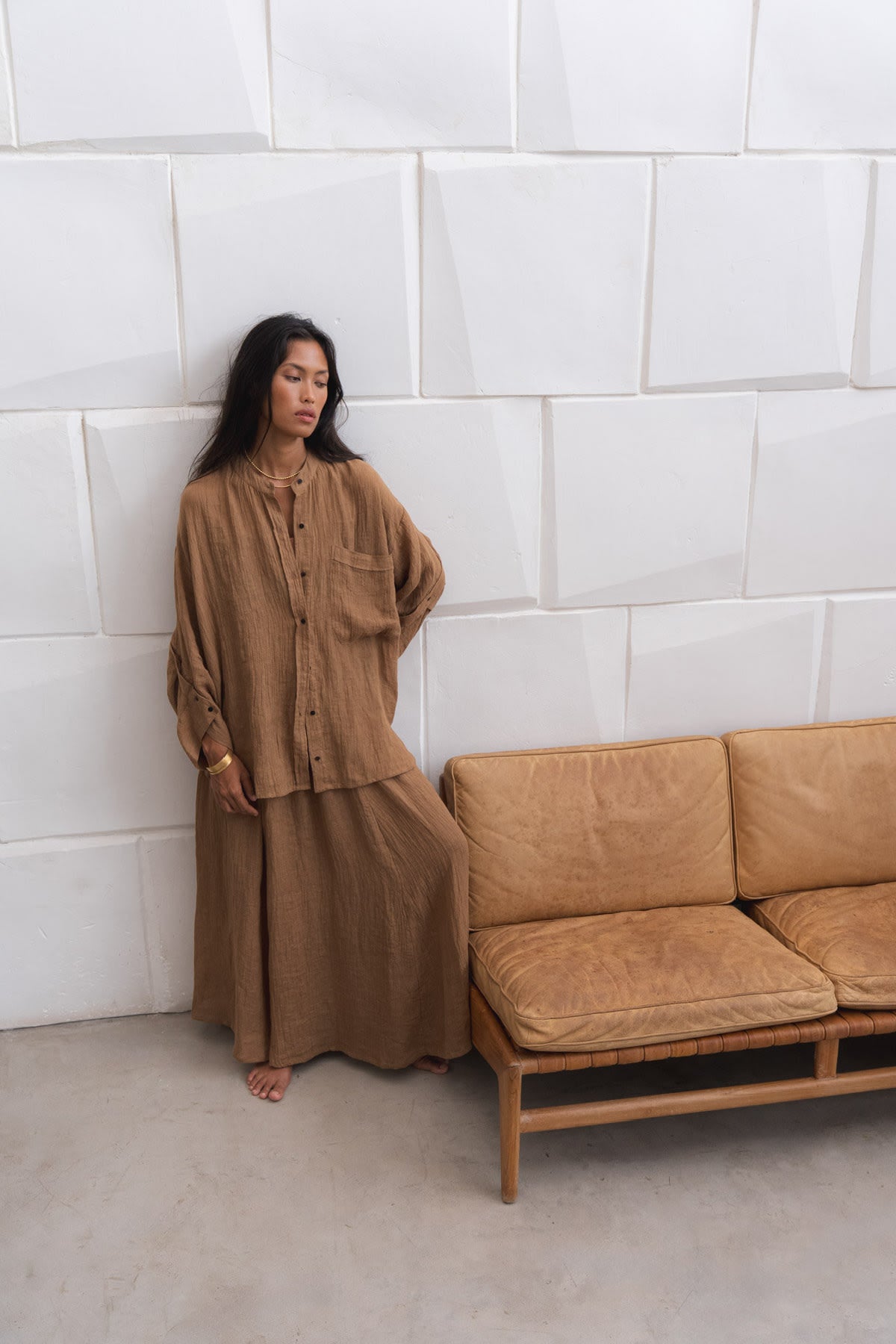 Bobbies - Crinkled oversize shirt I Walnut 6 - Rabens Saloner
