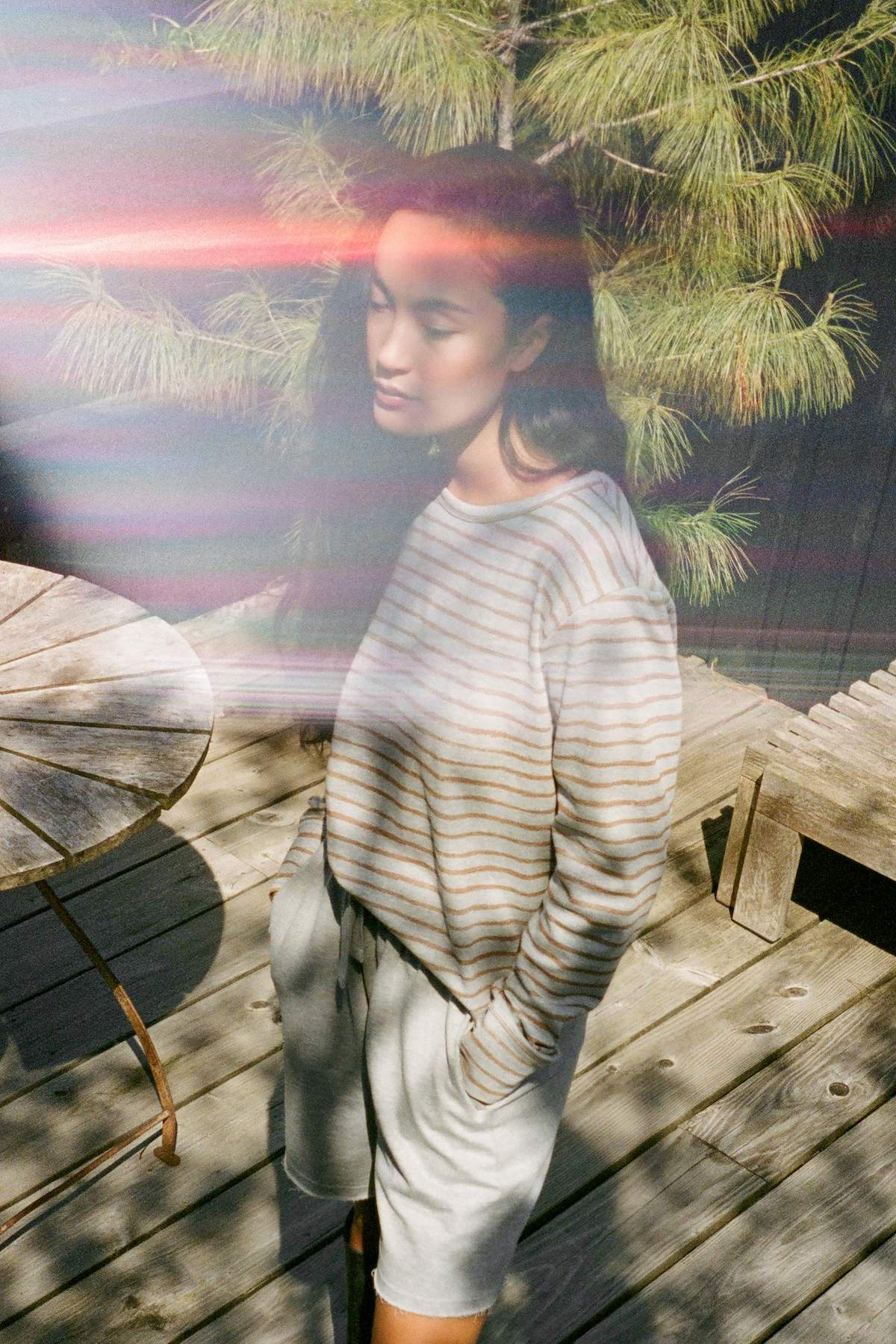 Hila - Light stretch crew neck top I Grey honey stripe 5 - Rabens Saloner